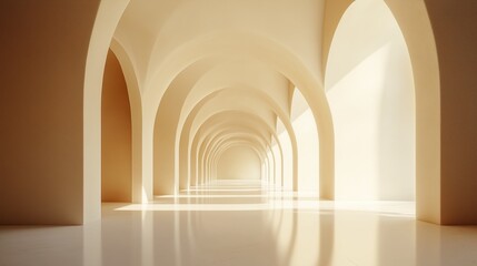 A modern minimalist hallway with arched entrances.