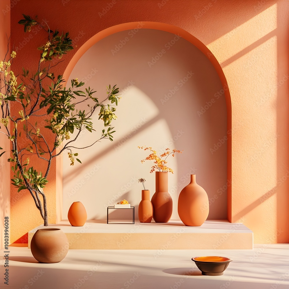 Poster serene 3d interior studio with an earthy terracotta backdrop uncluttered floor and wall layout a cen