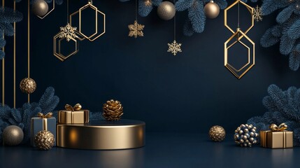Empty gold hexagonal metal podium with art deco design on a navy blue holiday backdrop