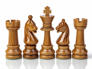 Set of wooden chess pieces on a white isolated background, showcasing intricate designs and craftsmanship.