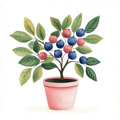 Fototapeta premium A colorful potted plant with blue and pink fruits and green leaves.