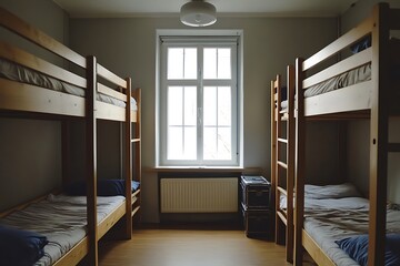 Neat Wooden Bunk Beds with Linen Bedding and Pillows