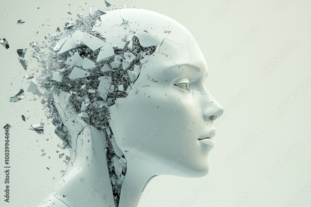 Poster futuristic robotic head fragmenting in captivating design