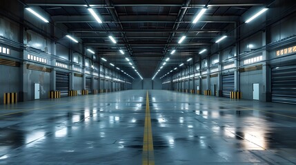 Obraz premium Empty Industrial Warehouse Interior with Fluorescent Lighting.