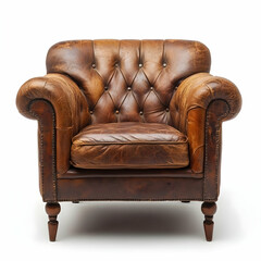 Vintage brown leather armchair with tufted upholstery and wooden legs, perfect for adding character to any living space.