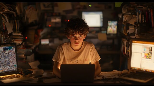 The Paradox of Modern Connectivity A Teenager Sitting at Their Computer Late at Night Illuminated by the Glow of the Screen Feeling Isolated Despite Being Digitally Linked to the World