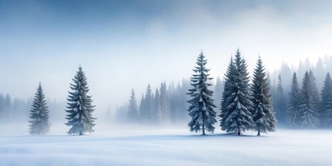 Fototapeta premium Winter pine trees with foggy background, minimalist scenery