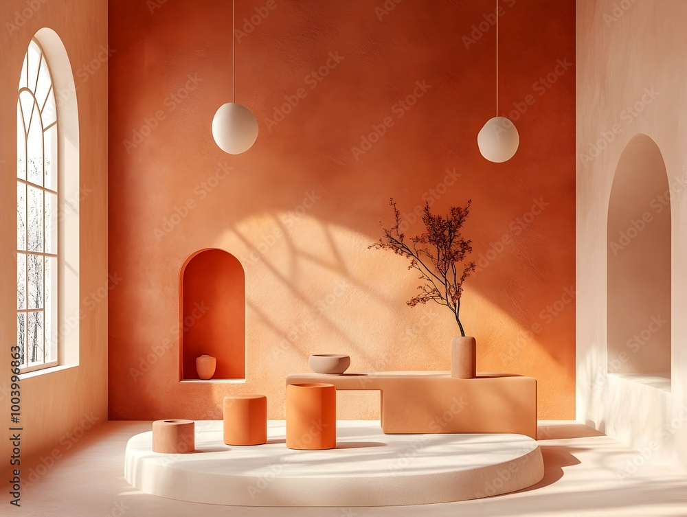 Poster crisp and clean 3d studio scene with warm terracotta color tones simple geometric floor and wall ele