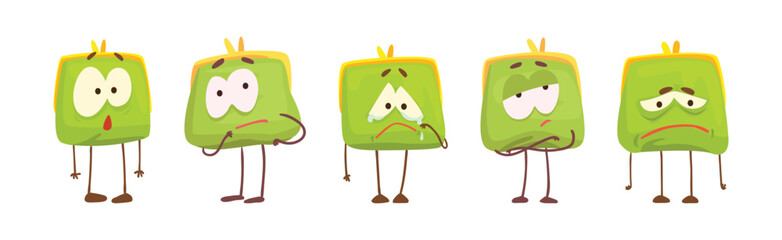 Cute Green Humanized Purse with Funny Face Vector Set