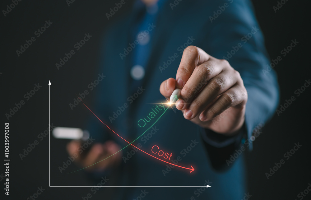 Poster businessman write down arrow with cost and up arrow with quality for business project management str