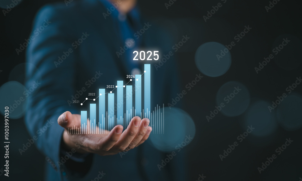 Poster businessman holding glowing virtual technical graph and chart for analysis stock market in 2025, tec