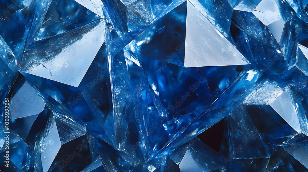 Poster a close-up image of a cluster of blue crystals with a reflective, shiny surface.