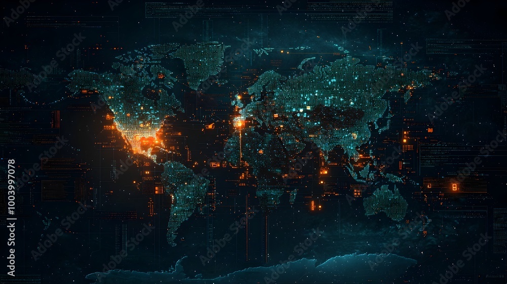 Poster Visually captivating digital world map created entirely from binary code
