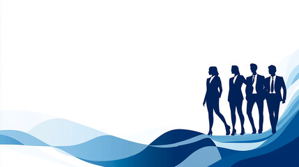 illustration with business people discussing business strategy on blue and white circles background for corporate presentation, with space for text