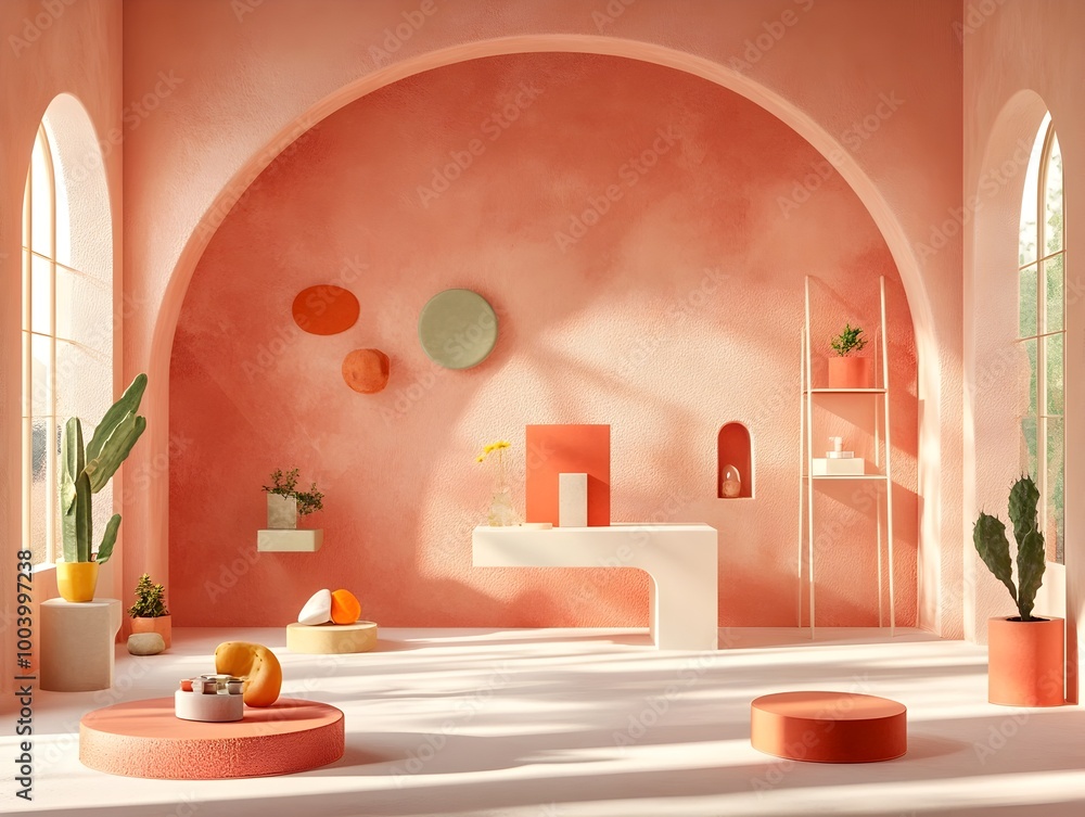 Poster clean and modern 3d studio space with warm terracotta tones simple geometric floor and wall elements