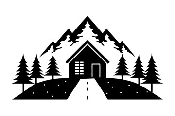 Forest Cabin Silhouette Nestled Between Tall Pine Trees and Mountains