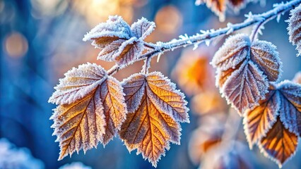 Winter scene with frost covered leaves in medium shot