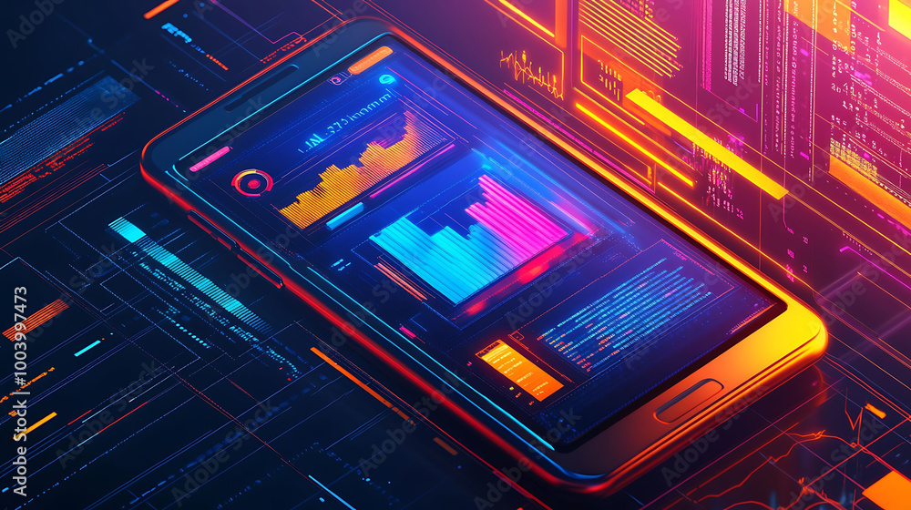 Poster a smartphone with a bright, colorful interface showing data graphs and charts.
