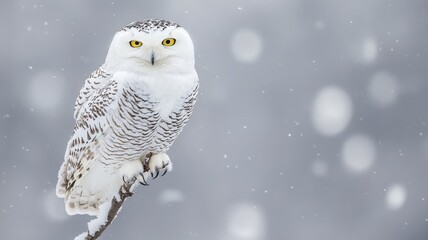 Snowy owl perched on a branch in a snowy environment, soft blurred background.