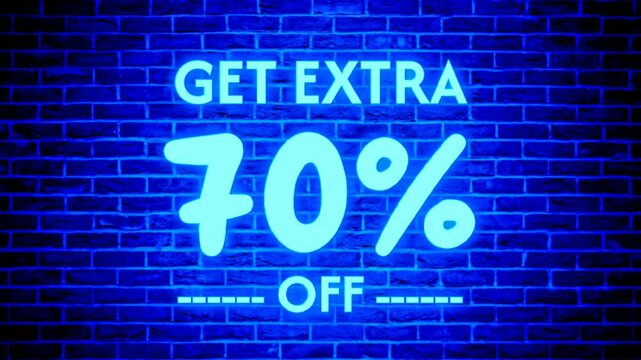 Neon light get extra 70 percent off text box modern banner animation motion graphics on brick wall background