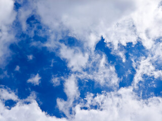 Blue sky background with tiny clouds. Cloudscape. Copy space.
