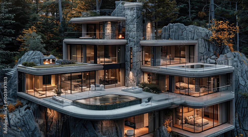 Wall mural a mountain house perched on a rock, surrounded by dense forests, featuring large glass facades in ev