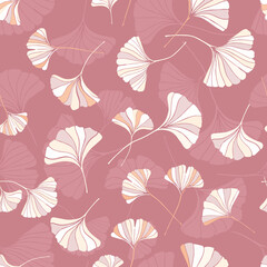 A seamless pattern of ginkgo leaves in pastel pink colors, a variation of hand-drawn ginkgo leaves, an elegant botanical background 