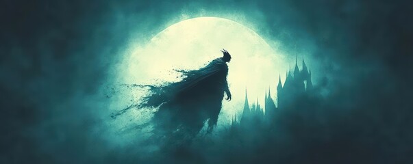 Fototapeta premium Vampire bat flying over a haunted mansion, large shadows creeping across the facade, the mansion bathed in pale moonlight