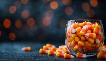 Colorful candy corn in a glass jar on a dark background with bokeh lights, perfect for Halloween themes.