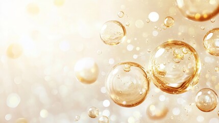 Fototapeta premium Modern Abstract Skincare Concept with Floating Collagen Molecules and Golden Essence Bubbles - Beauty and Rejuvenation Symbol.