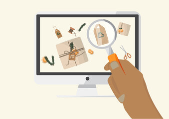 Eco-Friendly Gift Wrapping Search Illustration. eco-friendly gift wrapping on a computer screen, highlighting sustainable packaging ideas through a magnifying glass