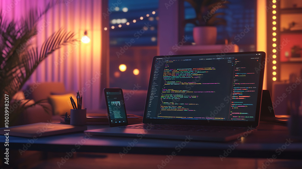 Aufkleber a laptop with code on the screen and a smartphone on a desk in a dimly lit room.