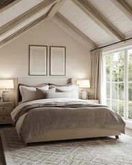 Fototapeta premium Serene Bedroom Decor with Natural Light and Minimalist Bedside Table
