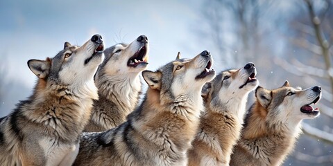 Winter scenery with wolves viewed from ground level, capturing their emotions and howling