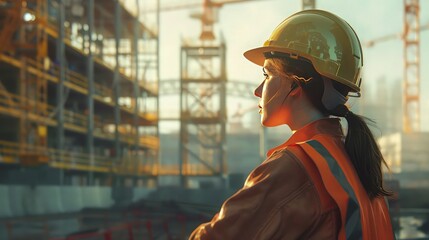 A woman engineer wearing a hard hat and overseeing a construction site, highlighting women in traditionally male-dominated fields.