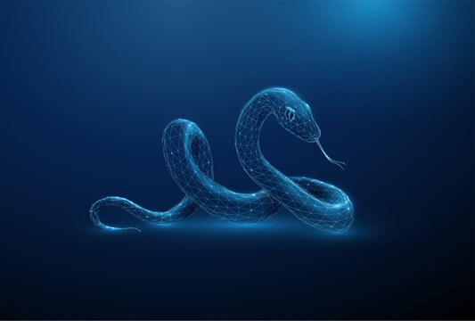 Abstract digital snake illustration on a dark blue background. Futuristic low poly style design. Symbol of 2025 year.
