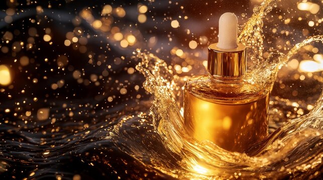 Radiant Beauty Elixir - Skincare Product Concept with Gold Droplets and Hydrating Splash Effect for Promotions