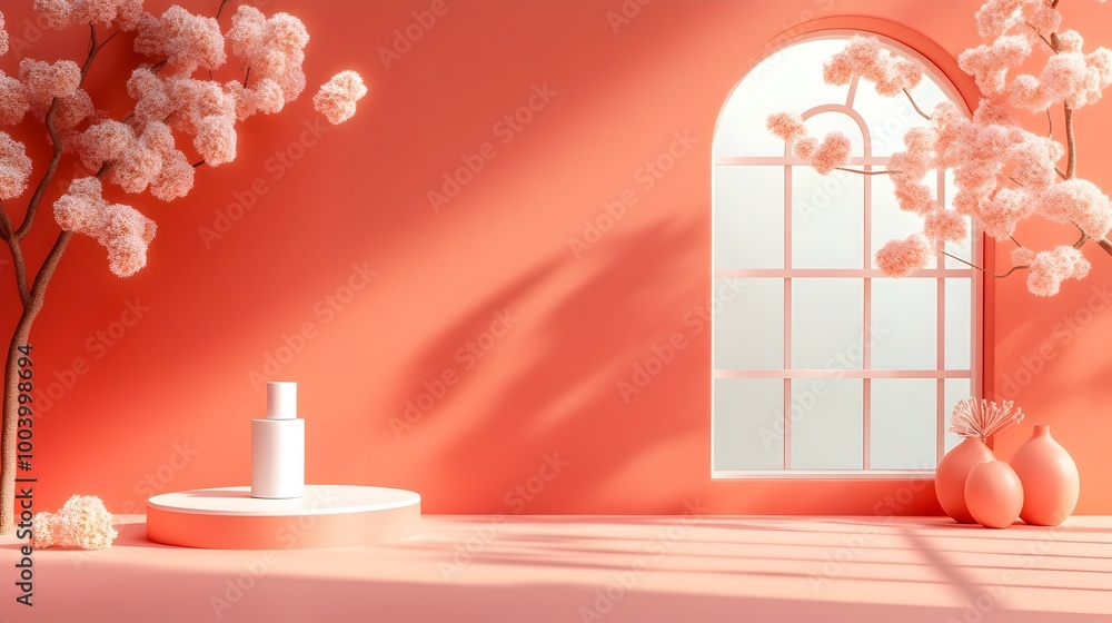 Poster vibrant coral 3d product mockup set in a clean modern studio environment with an empty floor and wal