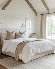 Serene Rustic Bedroom with Natural Light & Wood Beams