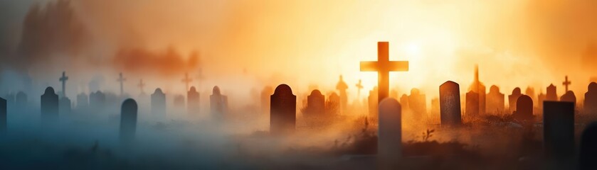 Gothic cemetery with angel statues, phantom figure glowing faintly, fog rolling across the graves, a chilling Halloween night