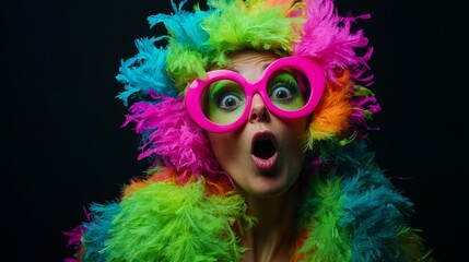 Surprised woman in colorful wig, pink glasses, and neon green boa on a dark background.