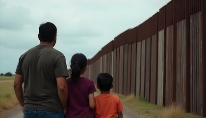 Migrant family staring at the US Mexico corrugated wall border