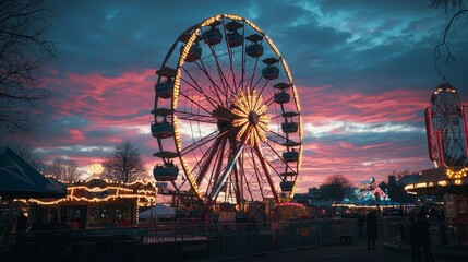Amusement park at dusk with a Ferris wheel against a pink and blue twilight sky.