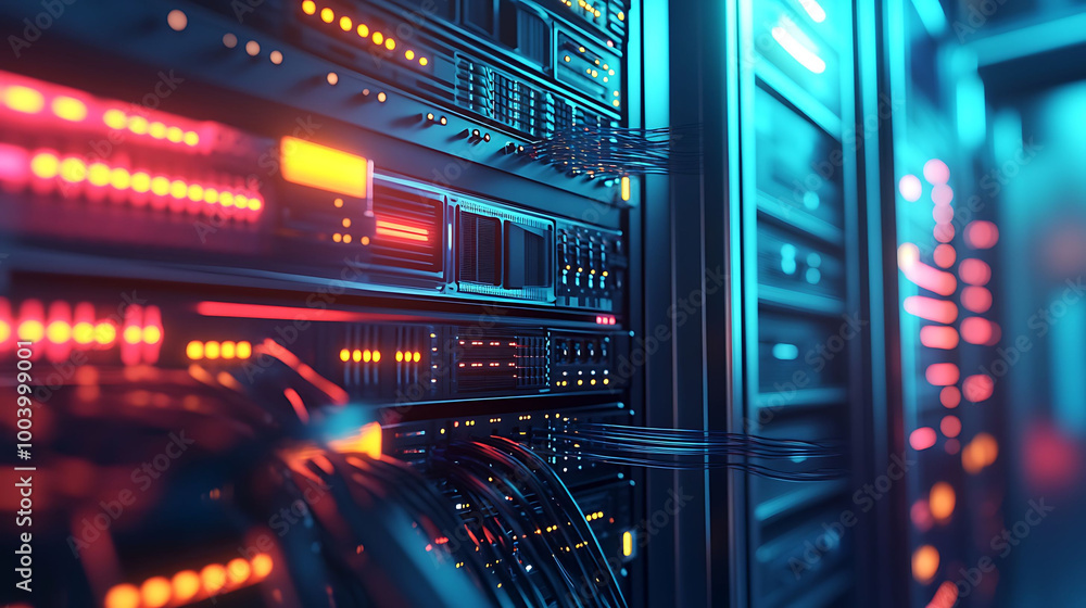 Poster rows of servers with flashing lights and cables in a data center.