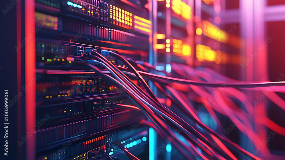Poster a server rack with cables in a data center.