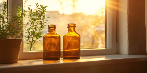 Vintage Glass Bottles on Sunny Windowsill