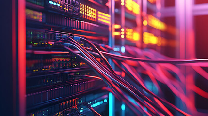 Fototapeta premium A server rack with cables in a data center.