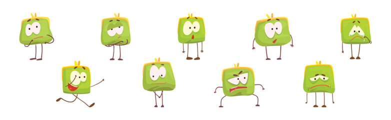 Cute Green Humanized Purse with Funny Face Vector Set