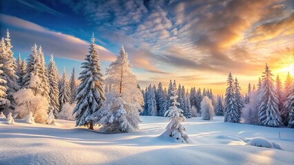 Winter wonderland landscape with snow-covered trees