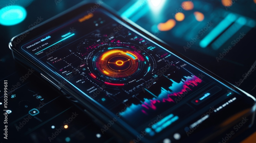 Poster A smartphone showcases a dynamic data analytics interface featuring bright, colorful graphs and metrics